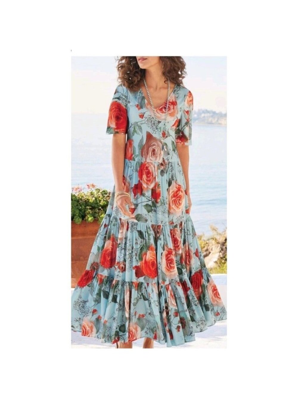 Soft Surroundings First Blooms Floral Tiered Midi Dress Boho Festival Twirl XS